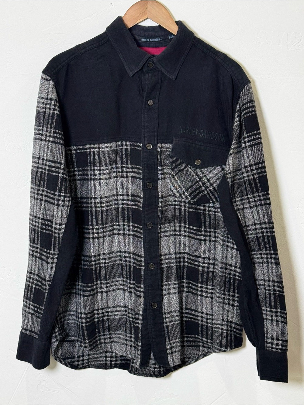 Harley Davidson Contrasting Black Gray Plaid Snap Button Down Shirt Mens Size L